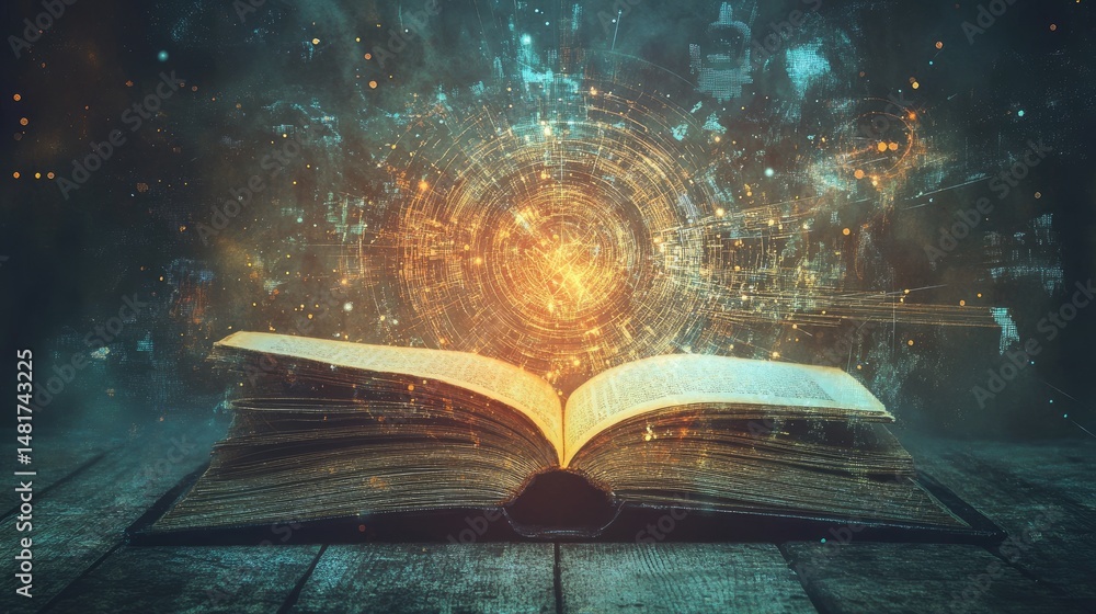 Poster Knowledge Portal. Open Book With Glowing Abstract Background. Learning And Wisdom Concept.
