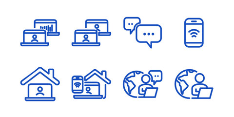 Remote Work Line Icons . Freelancer Work from Home, Video Call, Online Meeting, Teleconference Vector Set