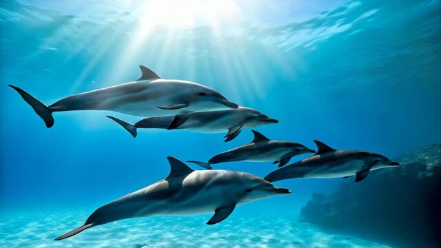 Majestic Dolphins Gracefully Swimming in a Sunlit Ocean Scene A breathtaking underwater spectacle showcasing a pod of dolphins enjoying their natural habitat