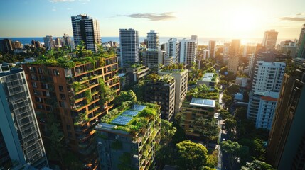 Obraz premium Sustainable urban development with green roofs and vertical gardens.