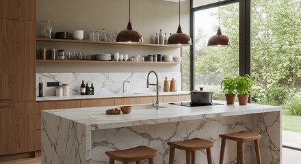 The image showcases a contemporary kitchen with a prominent marble island and wooden bar stools, illuminated by black pendant lights, complemented by wooden cabinetry and a garden view