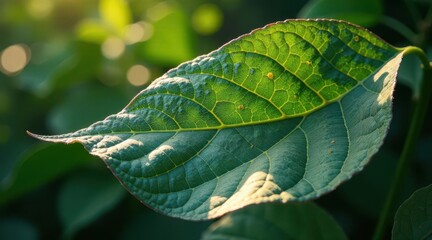 A Single Lush Green Leaf Basking in Sunlight, Displaying Intricate Vein Detail and Subtle Textural Variations