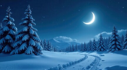 Serene Winter Night Snow-Covered Coniferous Forest Under a Crescent Moon and Starry Sky