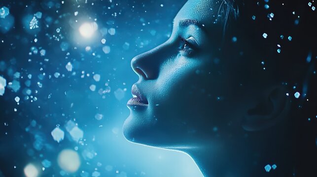 A woman gazes upward amidst glowing particles in a serene blue backdrop, capturing a moment of wonder and dreaminess.