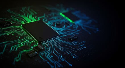 3D Illustration: Circuit Board With Green and Blue Lights