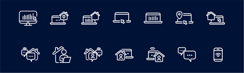 Remote Work Line Icons . Freelancer Work from Home, Video Call, Online Meeting, Teleconference Vector Set