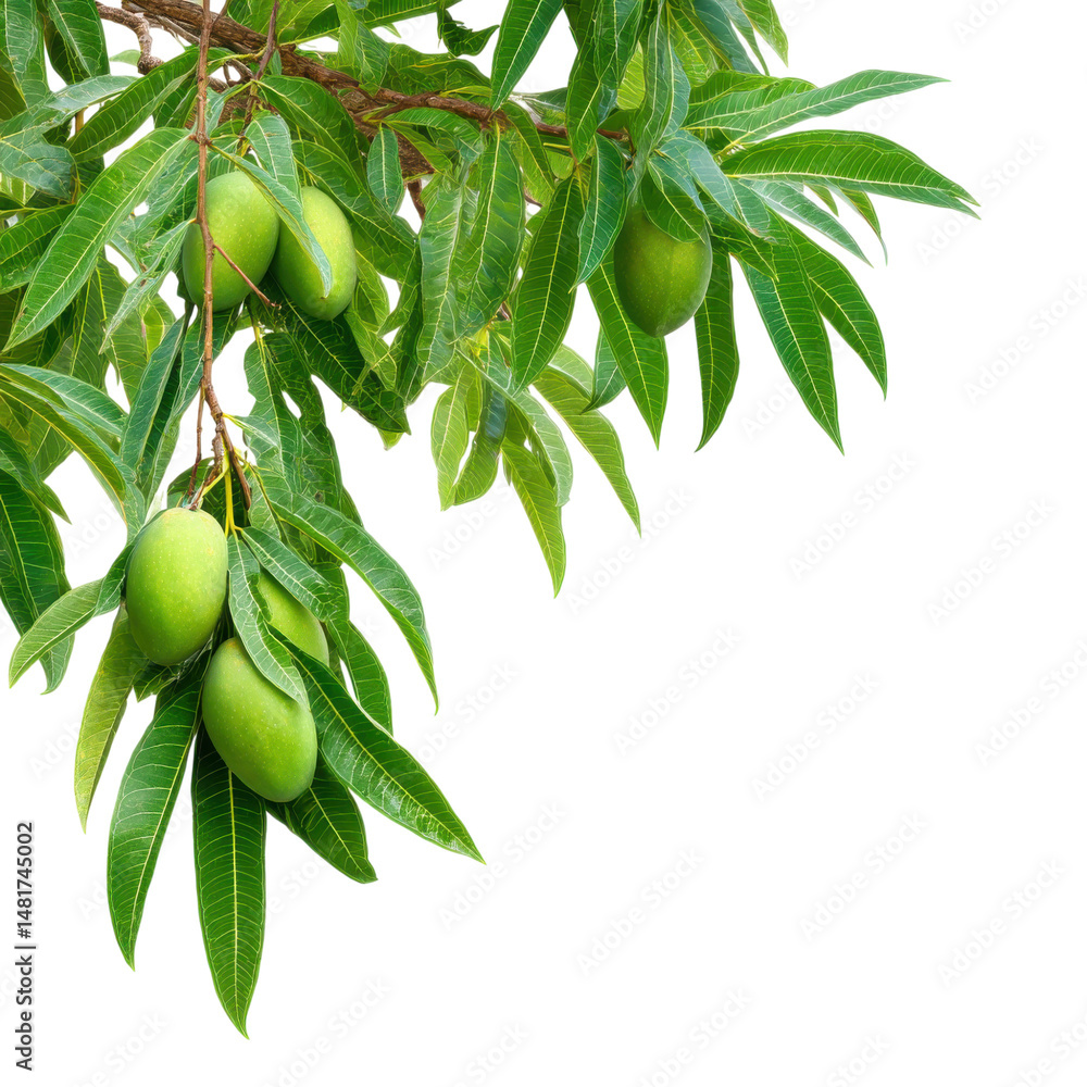 Poster mango tree branch, greenery tree branch foliage on corner border isolated on transparent or white ba