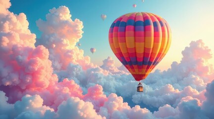 Fototapeta premium A Colorful Hot Air Balloon Soaring Through a Dreamlike Sky Filled with Soft Pink and White Clouds