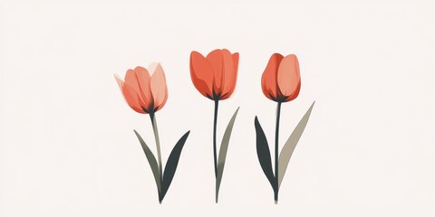 Three vibrant orange tulips with their lush green leaves elegantly displayed on a crisp white background, creating a beautiful contrast