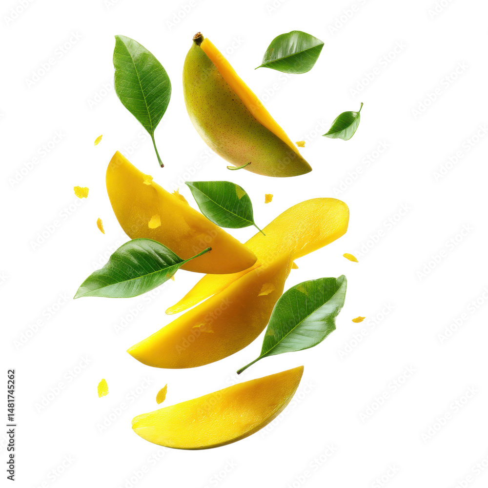 Poster mango slices and leaves falling in the air isolated on transparent or white background. a high resol
