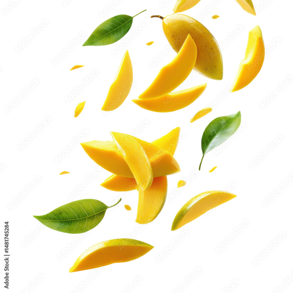 Poster mango slices and leaves falling in the air isolated on transparent or white background. a high resol