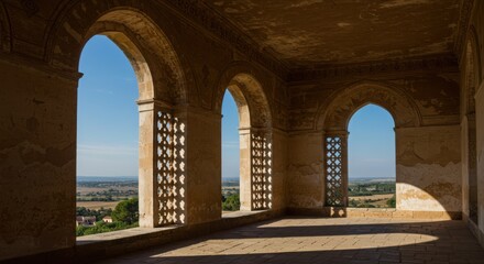Arched windows overlooking a landscape