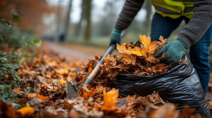 person wearing gloves using a shovel to gather fallen orange and brown autumn leaves and put them into a black plastic trash bag