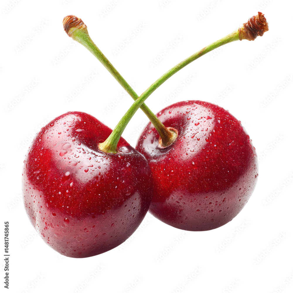 Poster two red cherries with stem isolated on transparent or white background. a high resolution png image 