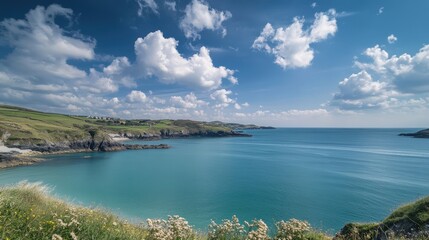 Beautiful coastal view with calm blue waters and fluffy clouds under a sunny sky, perfect for nature lovers and travelers alike