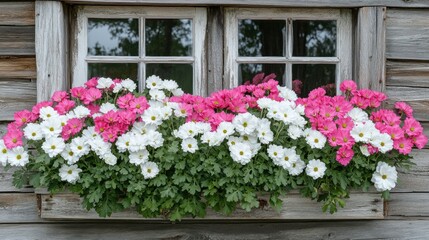 Pink and white flowers in a wooden window box