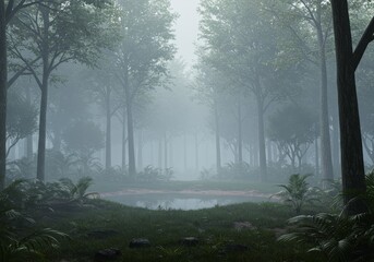 3D Illustration: Misty Forest Pond with Lush Green Plants