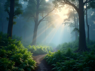 Enchanting dawn in mist shrouded forest, Sun rays illuminate a path through trees, creating a serene and mystical ambiance in the tranquil wilderness