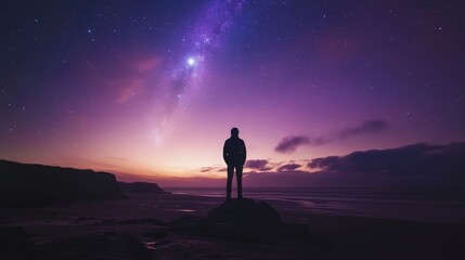 Fototapeta premium A person stands on a rock by the sea, gazing at the stars and the beautiful galaxy. A night sky full of wonder awaits.