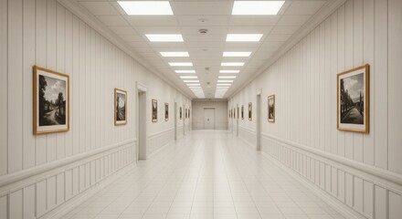 Obraz premium Long bright hallway with framed pictures on the walls