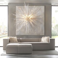 Modern, spacious living room with statement chandelier