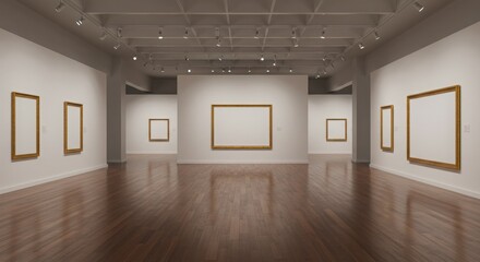 Art gallery interior with blank frames on the wall