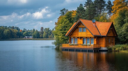 Fototapeta premium Serene wooden cabin by a tranquil lake.