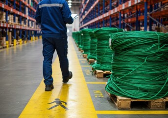 A lone worker in a clean uniform walks through a warehouse aisle, past neatly stacked pallets of bright green cabling. The scene is calm and focused.