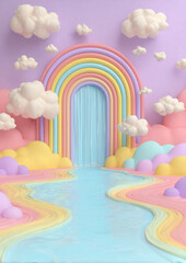 Rainbow waterfall cascading from fluffy clouds illustration perfect for magical or whimsical paper crafts