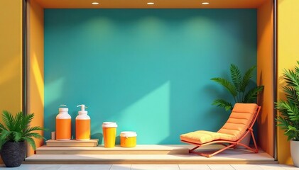 Modern minimalist display window with vibrant summer products, window, items, business