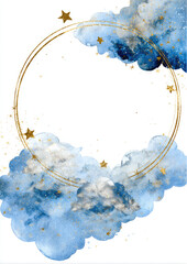 Circular frame with watercolor clouds and golden accents perfect for dreamy stationery or baby themes