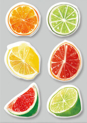 Fototapeta premium Fruit slice sticker set in juicy vibrant colors ideal for summer planners, recipes, and kitchen journals