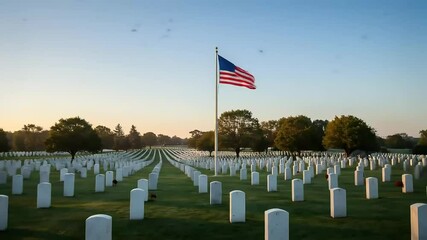 Solemn scene at a US military cemetery with rows of headstones and the American flag waving. Remembering heroes on Armed Forces Day and Memorial Day