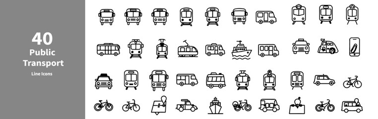 Black and white Icons design with vector silhouettes of 40 public transport Line icons