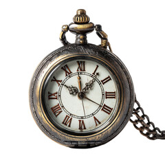 Antique pocket watch with Roman numerals isolated on transparent or white background. A high resolution PNG image of Antique pocket watch with Roman numerals.