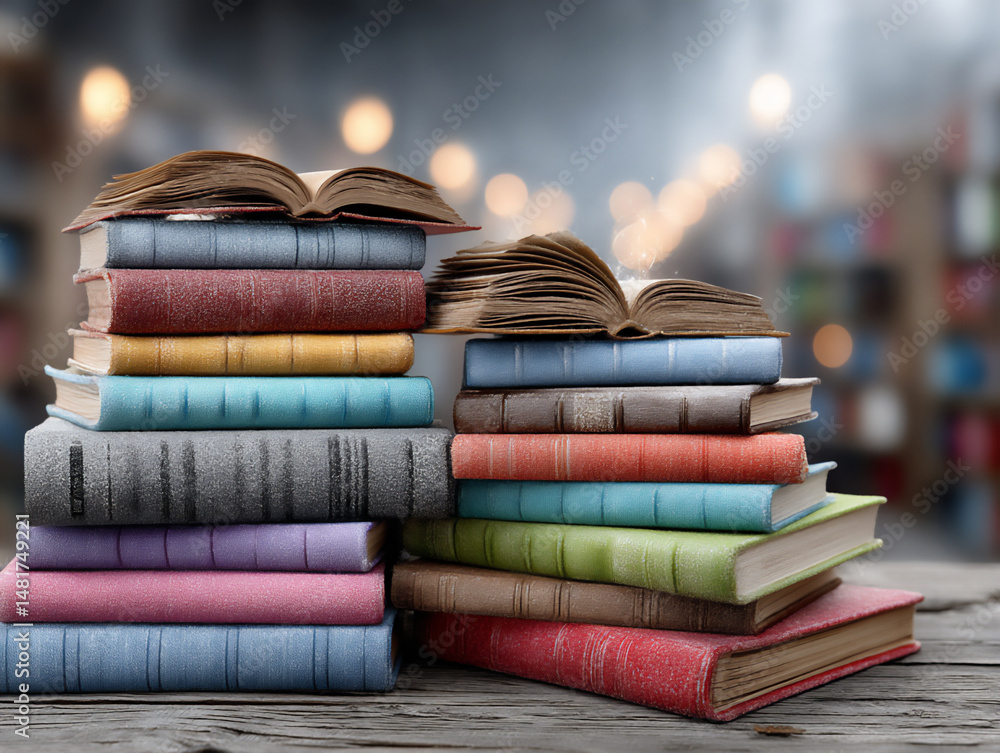 Poster abstract photograph of blurred colorful books stacked on a shelf with a beam of light illuminating o