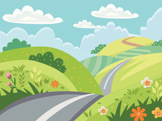 Summer landscape illustration with cartoon style with empty road.