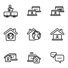 Remote Work Line Icons . Freelancer Work from Home, Video Call, Online Meeting, Teleconference Vector Set