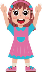 Cartoon Illustration of Happy Girl Raising Arms