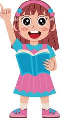 Illustration of Girl Raising Hand While Holding Book