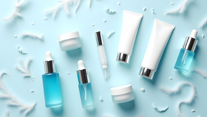 Ethereal beauty flat lay showcasing an assortment of skincare products and delicate feathers against a soft, pastel blue surface, radiating tranquility and elegance