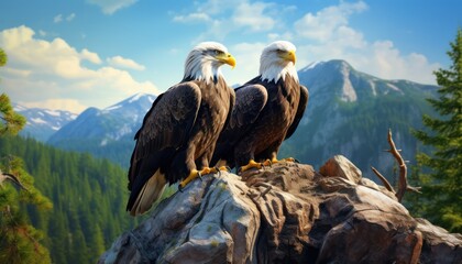 A pair of eagles stands tall on a tree trunk and large rock, with stunning landscape views