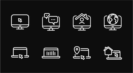 Remote Work Line Icons . Freelancer Work from Home, Video Call, Online Meeting, Teleconference Vector Set