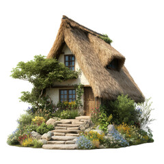 Charming cottage with a thatched roof and garden isolated on transparent or white background. A high resolution PNG image of Charming cottage with a thatched roof and garden.