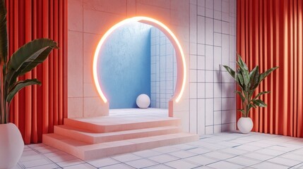 Modern, vibrant interior display platform with glowing archway.