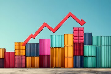 A stack of colorful shipping containers arranged in the shape of an upward-trending graph, set against a clear blue sky background