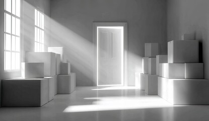 Sunlight streams into a room filled with boxes