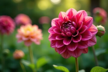 Obraz premium Vibrant Pink Dahlia in a Garden Setting, Soft Focus Background, Showing Delicate Petals and Lush Greenery