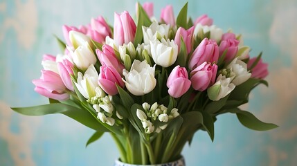 Obraz premium Fresh tulip bouquet presents pink and white blooms interspersed with verdant leaves in a beautiful arrangement