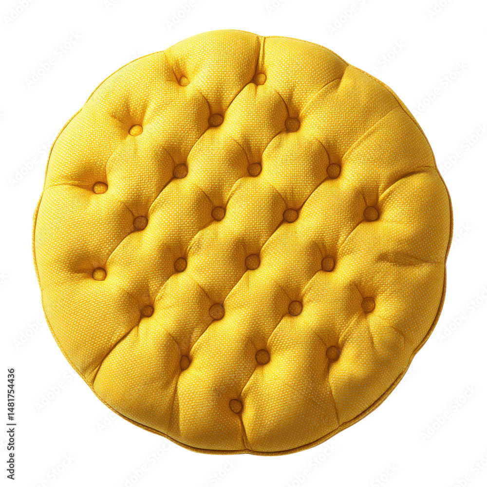 Poster bright yellow round cushion with tufted design isolated on transparent or white background. a high r